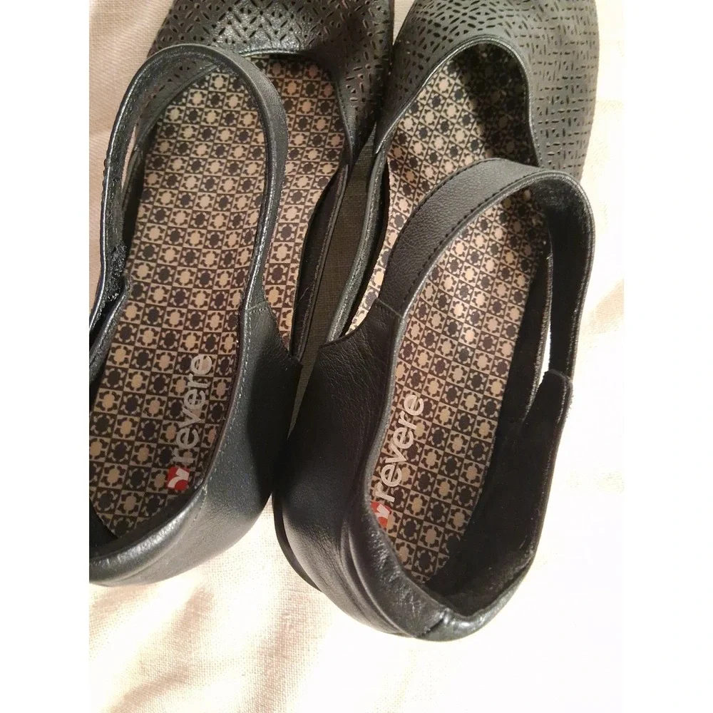Revere Osaka Black Laser Cut Leather Mary Jane‎ Wedge Shoes Womens 10M